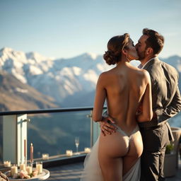 A sensual scene depicting a stunning bride, portrayed by a captivating actress, enjoying her honeymoon on a luxurious mountain view terrace in Manali