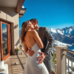 A sensual scene depicting a stunning bride, portrayed by a captivating actress, enjoying her honeymoon on a luxurious mountain view terrace in Manali