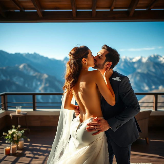 A sensual scene depicting a stunning bride, portrayed by a captivating actress, enjoying her honeymoon on a luxurious mountain view terrace in Manali