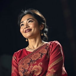 A beautiful and elegant woman wearing a traditional kebaya, radiating confidence and strength as she gazes optimistically into the future