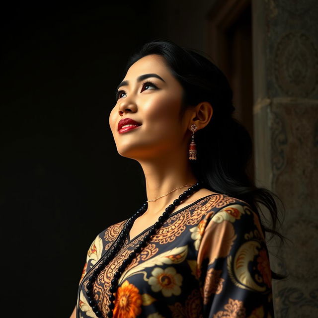 A beautiful and elegant woman wearing a traditional kebaya, radiating confidence and strength as she gazes optimistically into the future