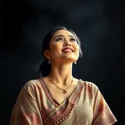 A beautiful and elegant woman wearing a traditional kebaya, radiating confidence and strength as she gazes optimistically into the future