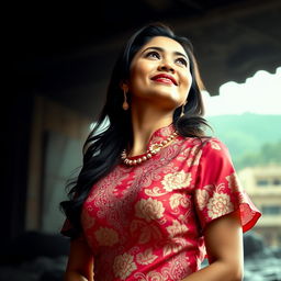 A beautiful and elegant woman wearing a traditional kebaya, radiating confidence and strength as she gazes optimistically into the future