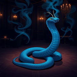 An illustration of an ocean blue Viper, its elegant body coiled on the floor of a dimly lit, opulent lounge