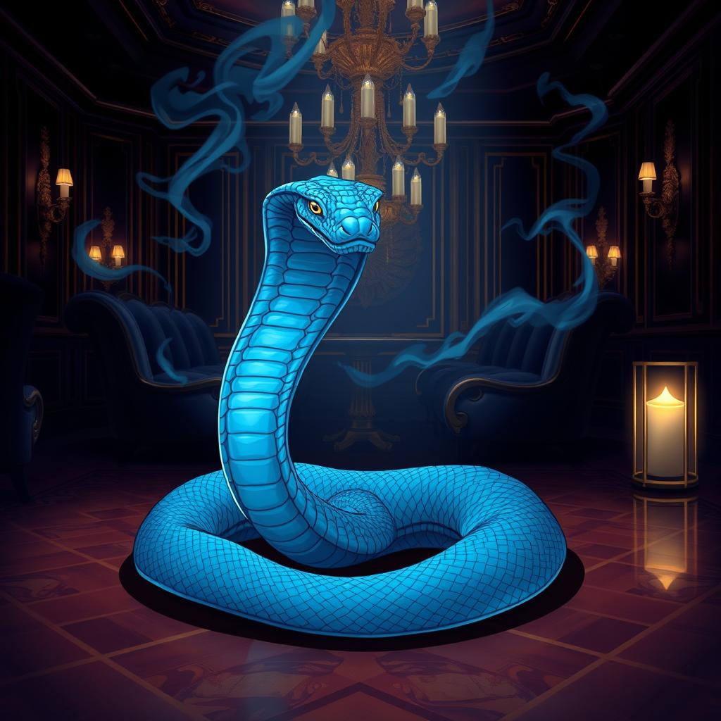 An illustration of an ocean blue Viper, its elegant body coiled on the floor of a dimly lit, opulent lounge