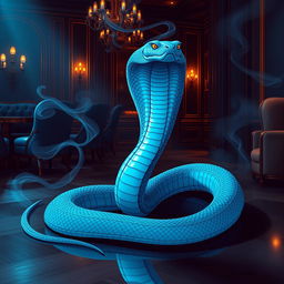 An illustration of an ocean blue Viper, its elegant body coiled on the floor of a dimly lit, opulent lounge