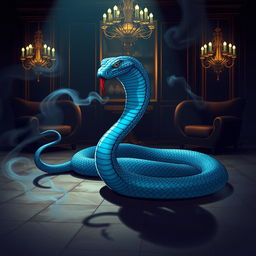 An illustration of an ocean blue Viper, its elegant body coiled on the floor of a dimly lit, opulent lounge