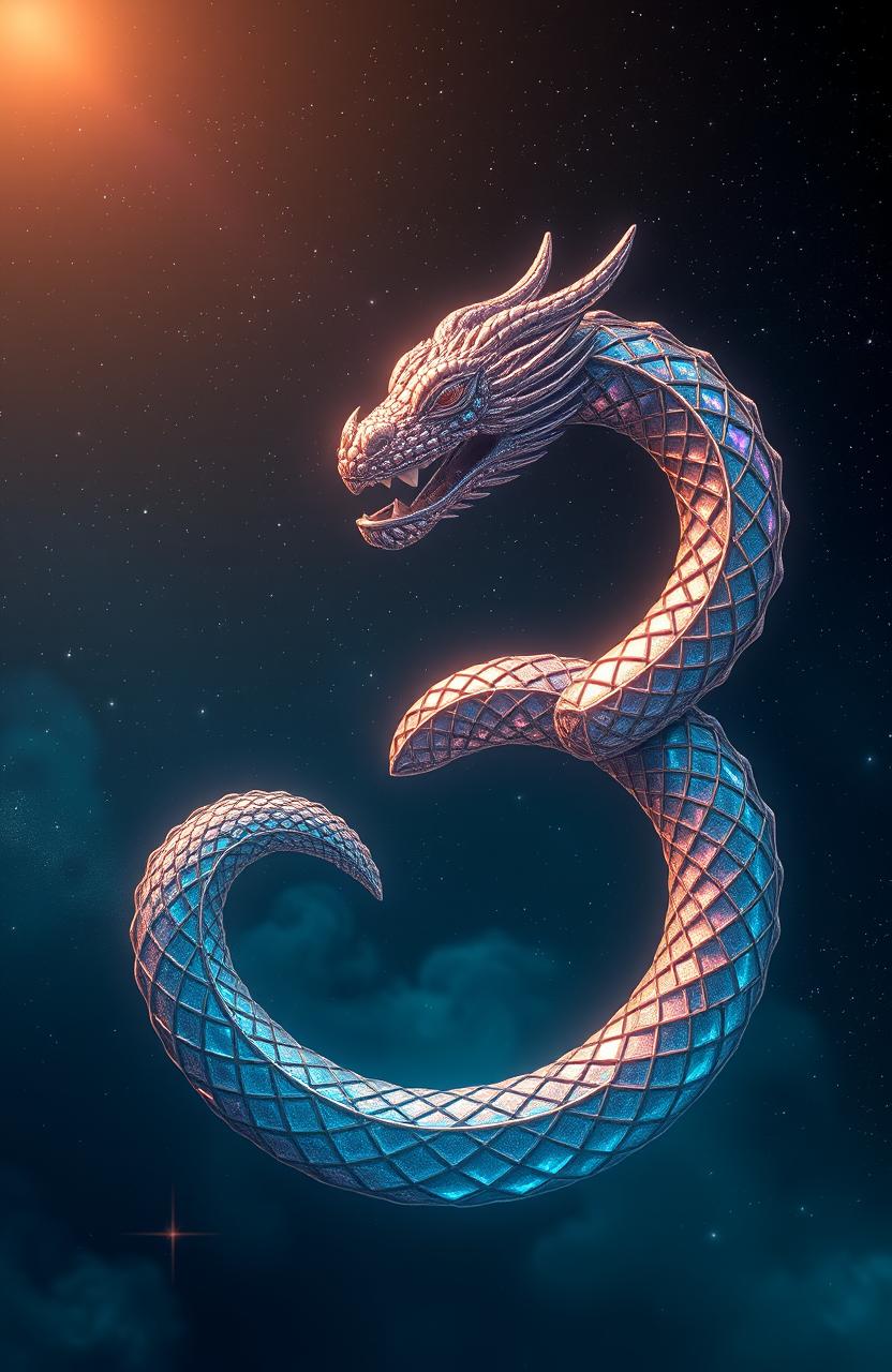 A mystical depiction of Uroboro, the ancient symbol of a serpent or dragon eating its own tail, representing the cycle of life and eternity