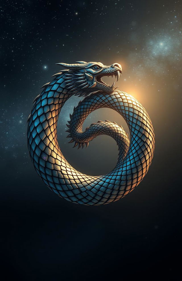 A mystical depiction of Uroboro, the ancient symbol of a serpent or dragon eating its own tail, representing the cycle of life and eternity