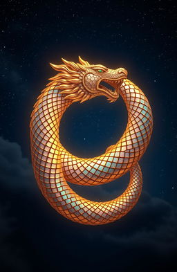 A mystical depiction of Uroboro, the ancient symbol of a serpent or dragon eating its own tail, representing the cycle of life and eternity