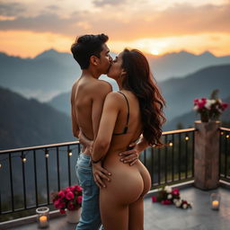 A romantic scene set on a beautiful mountain view terrace in Manali, featuring a sensual college girl portrayed by a stunning actress engaged in a passionate kiss with her male classmate