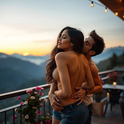 A romantic scene set on a beautiful mountain view terrace in Manali, featuring a sensual college girl portrayed by a stunning actress engaged in a passionate kiss with her male classmate