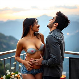 A romantic scene set on a beautiful mountain view terrace in Manali, featuring a sensual college girl portrayed by a stunning actress engaged in a passionate kiss with her male classmate