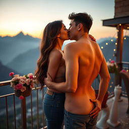 A romantic scene set on a beautiful mountain view terrace in Manali, featuring a sensual college girl portrayed by a stunning actress engaged in a passionate kiss with her male classmate