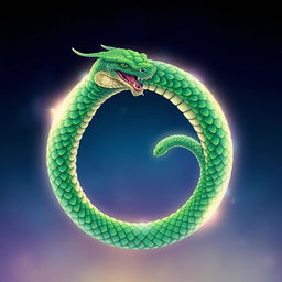 A vibrant illustration of a green serpent eating its own tail, representing the ancient symbol of Uroboro