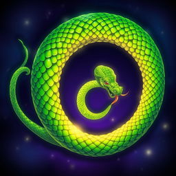 A vibrant illustration of a green serpent eating its own tail, representing the ancient symbol of Uroboro