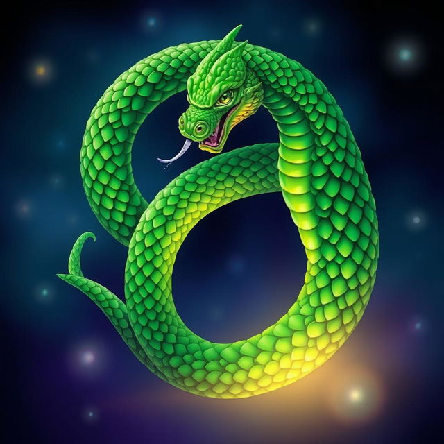 A vibrant illustration of a green serpent eating its own tail, representing the ancient symbol of Uroboro