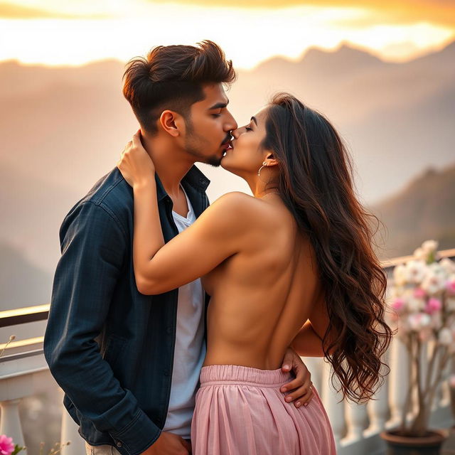 A romantic scene set on a scenic mountain view terrace in Manali, featuring a captivating college girl portrayed by a stunning actress, engaged in an intimate moment with her handsome male classmate