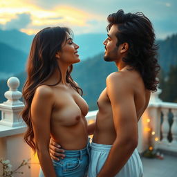 A romantic scene set on a scenic mountain view terrace in Manali, featuring a captivating college girl portrayed by a stunning actress, engaged in an intimate moment with her handsome male classmate