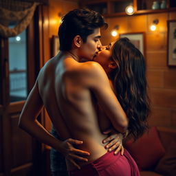 A passionate scene set in a modest lodge in Manali, featuring a sensual college girl portrayed by a stunning actress, caught up in an intimate moment with her handsome male classmate