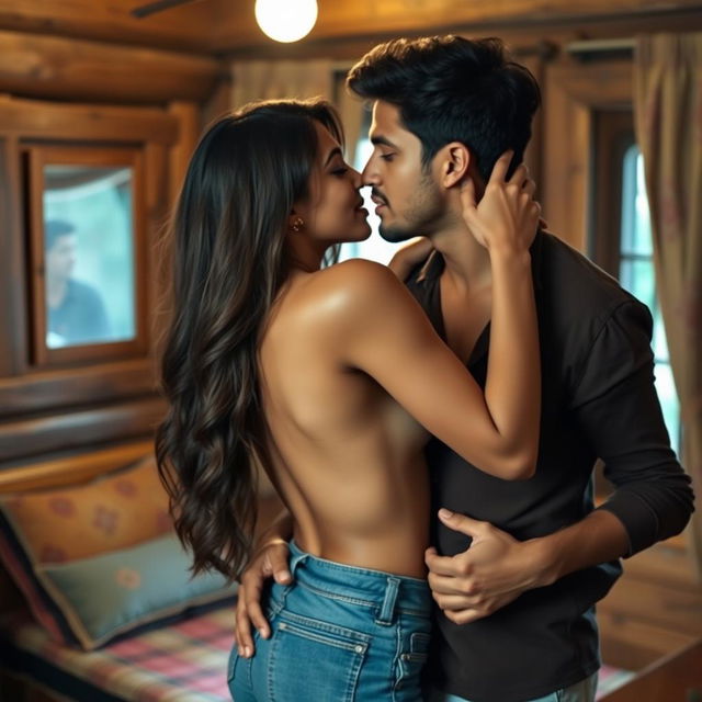 A passionate scene set in a modest lodge in Manali, where a sensual college girl portrayed by a stunning actress is intimately engaged with her handsome male classmate