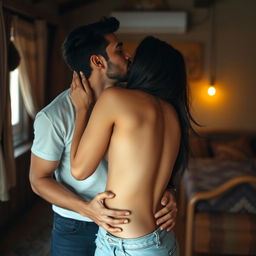 A passionate scene set in a modest lodge in Manali, where a sensual college girl portrayed by a stunning actress is intimately engaged with her handsome male classmate