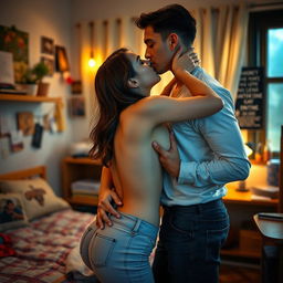 An evocative scene set in a college hostel room, where a sensual college girl, reminiscent of a stunning actress, is engaged in a fervent make-out session with her handsome male classmate
