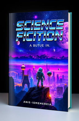 A captivating science fiction book cover design featuring a futuristic city skyline at dusk, illuminated by neon lights