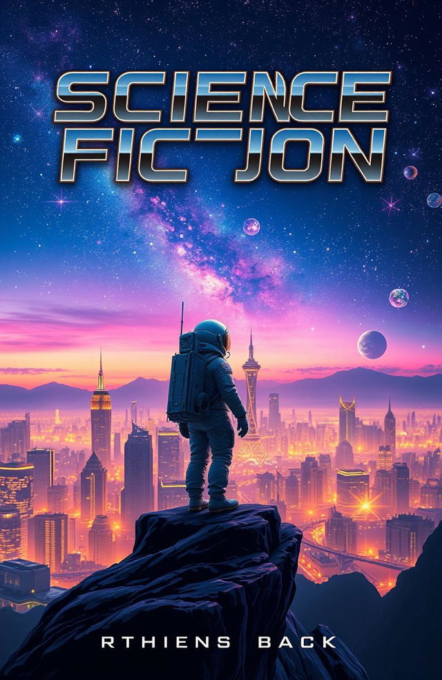 A captivating science fiction book cover design featuring a futuristic city skyline at dusk, illuminated by neon lights