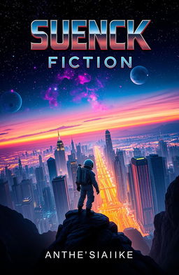 A captivating science fiction book cover design featuring a futuristic city skyline at dusk, illuminated by neon lights