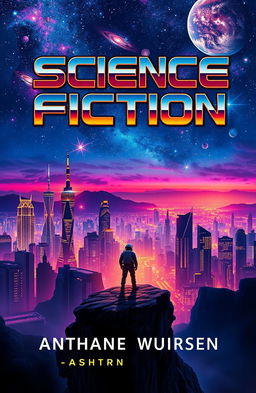 A captivating science fiction book cover design featuring a futuristic city skyline at dusk, illuminated by neon lights