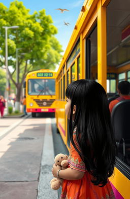 A little Indian girl with long black hair, wearing a colorful traditional dress, standing at a bus stop looking longingly at a bright yellow bus that is about to depart
