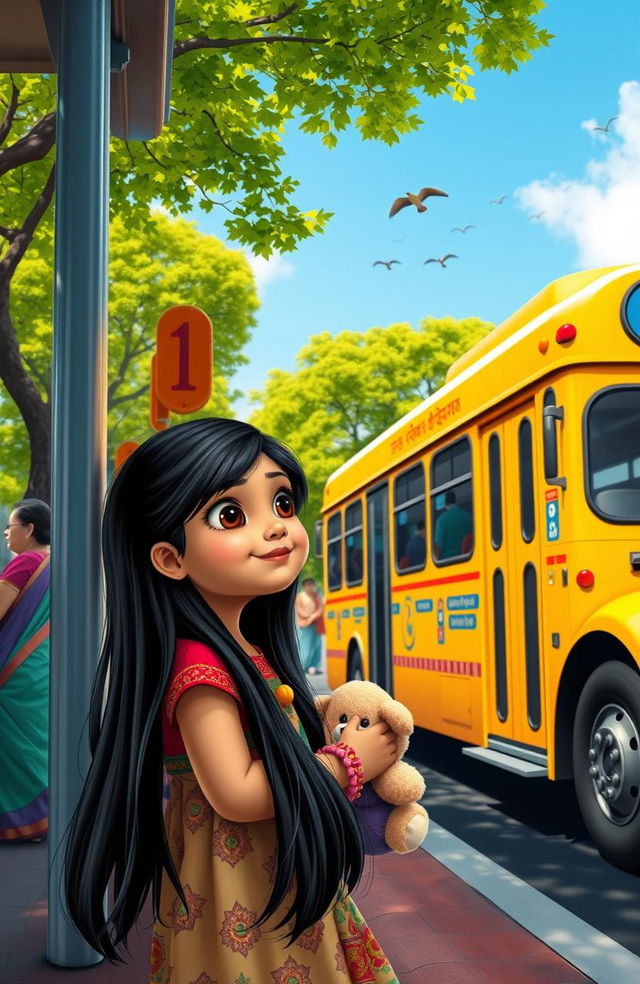 A little Indian girl with long black hair, wearing a colorful traditional dress, standing at a bus stop looking longingly at a bright yellow bus that is about to depart