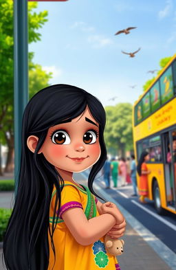 A little Indian girl with long black hair, wearing a colorful traditional dress, standing at a bus stop looking longingly at a bright yellow bus that is about to depart
