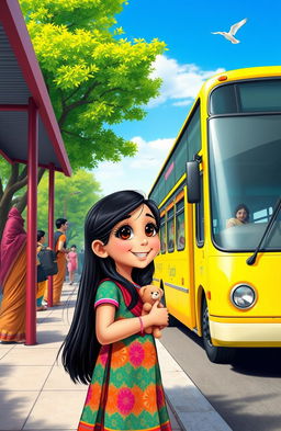 A little Indian girl with long black hair, wearing a colorful traditional dress, standing at a bus stop looking longingly at a bright yellow bus that is about to depart