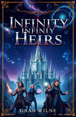 A captivating book cover for 'Infinity Heirs', featuring an ethereal fantasy landscape