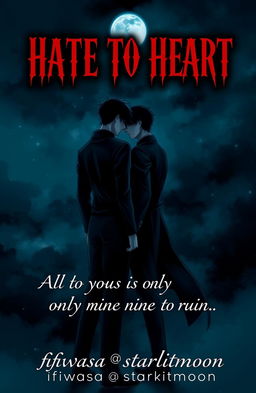 A dark and passionate illustration for a romance novel cover featuring two male characters as shadowy figures, embodying an intense enemies-to-lovers dynamic