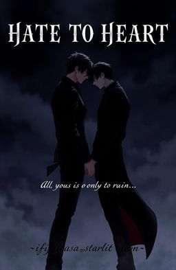 A dark and passionate illustration for a romance novel cover featuring two male characters as shadowy figures, embodying an intense enemies-to-lovers dynamic