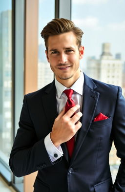 A stylish man in a sharp, tailored suit holding his tie with one hand