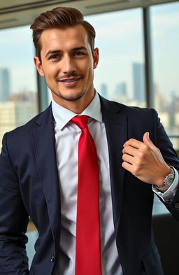 A stylish man in a sharp, tailored suit holding his tie with one hand