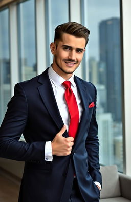 A stylish man in a sharp, tailored suit holding his tie with one hand