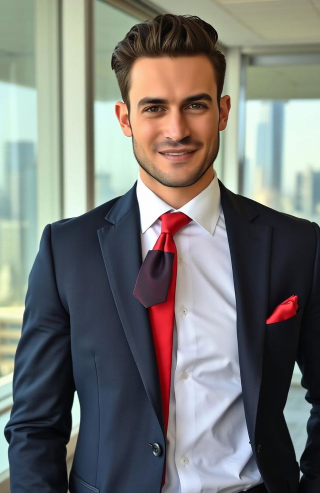 A stylish man in a sharp, tailored suit holding his tie with one hand