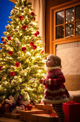 A beautifully decorated Christmas tree filled with bright, shimmering lights set against a cozy, nighttime backdrop