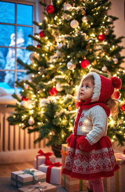 A beautifully decorated Christmas tree filled with bright, shimmering lights set against a cozy, nighttime backdrop