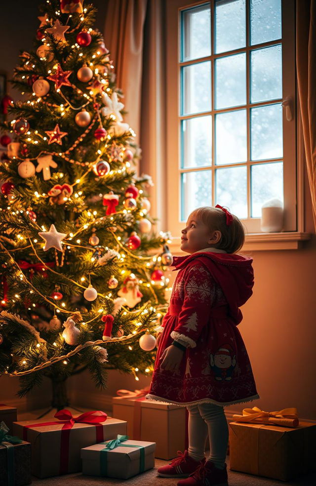 A beautifully decorated Christmas tree filled with bright, shimmering lights set against a cozy, nighttime backdrop