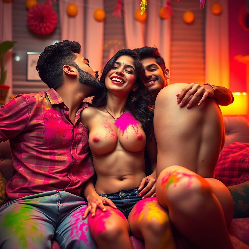 A vibrant and lively scene at a house party during Holi, featuring a captivating college girl inspired by a well-known Indian actress