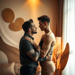 A sensual and intimate moment between two adults in a softly lit room, with elegant textures and warm colors dominating the scene