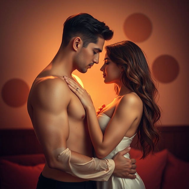 A sensual and intimate moment between two adults in a softly lit room, with elegant textures and warm colors dominating the scene