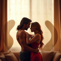 A sensual and intimate moment between two adults in a softly lit room, with elegant textures and warm colors dominating the scene