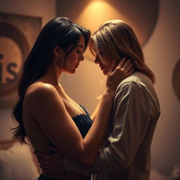 A sensual and intimate moment between two adults in a softly lit room, with elegant textures and warm colors dominating the scene